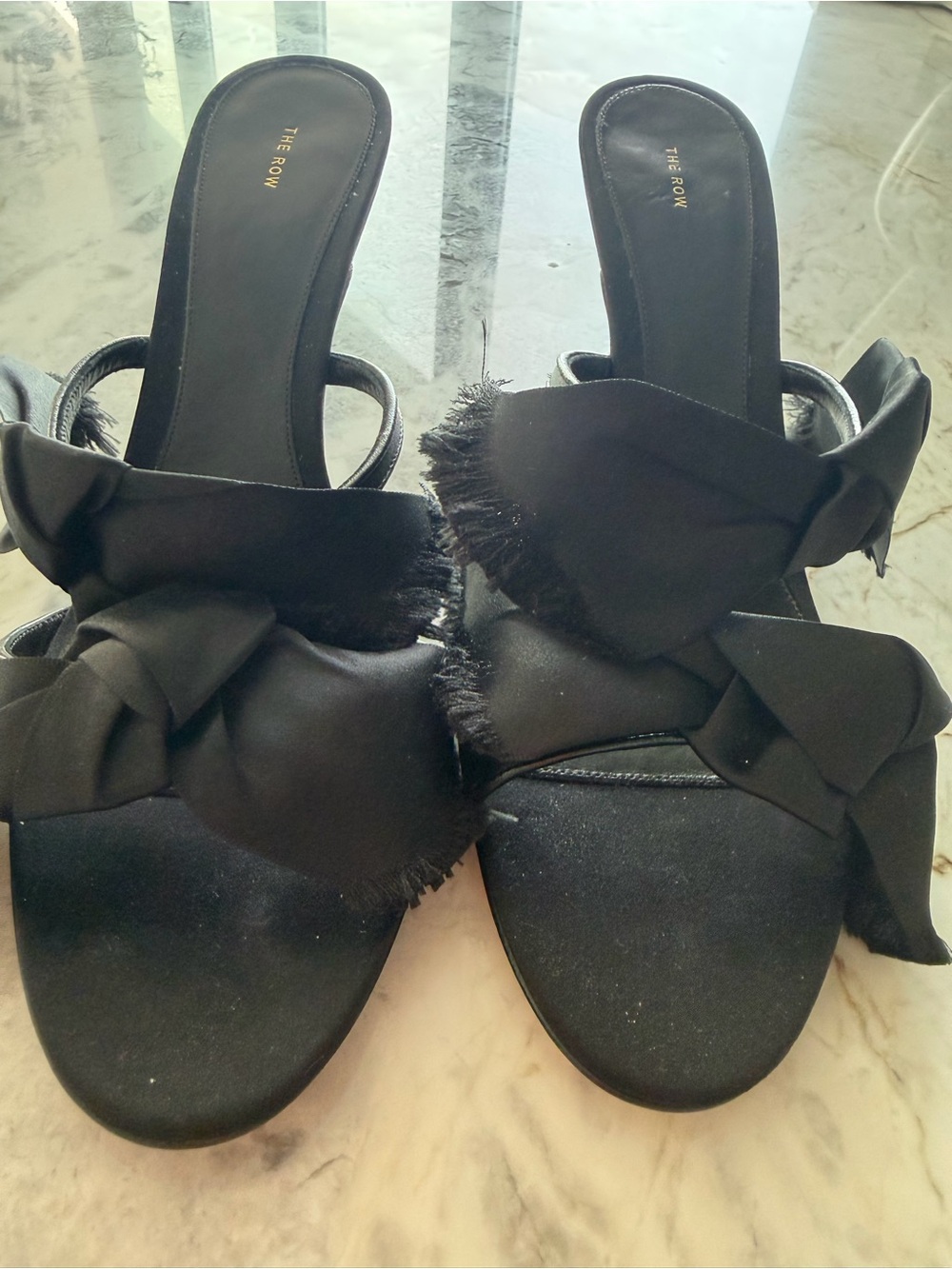The Row Black Frayed Bow Slide Mules